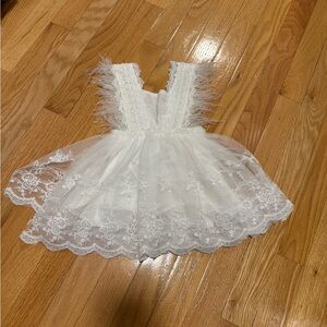 White Lace & Tulle Baby Dress with Feather Trim